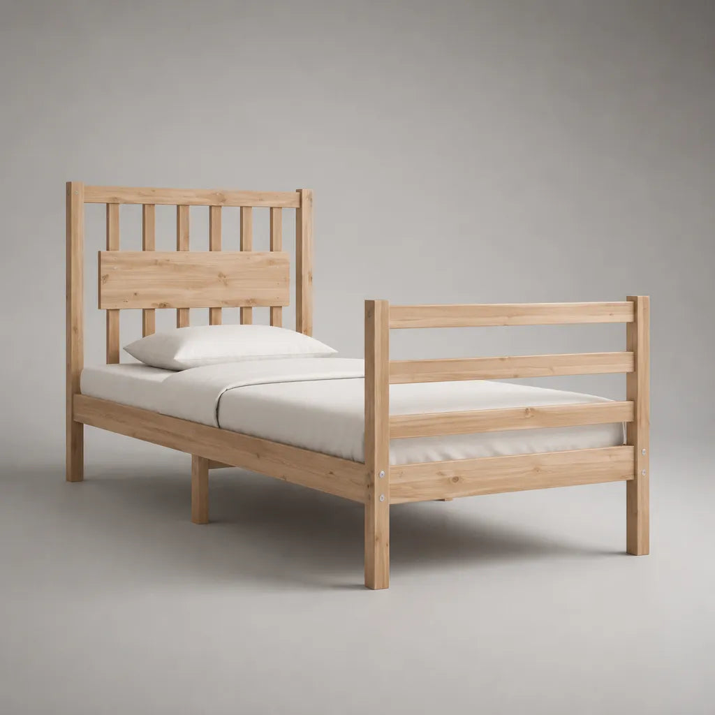 Letto singolo in legno massello, legno naturale, letto 90 × 200 cm, dimensioni 208 × 98 × 140 cm