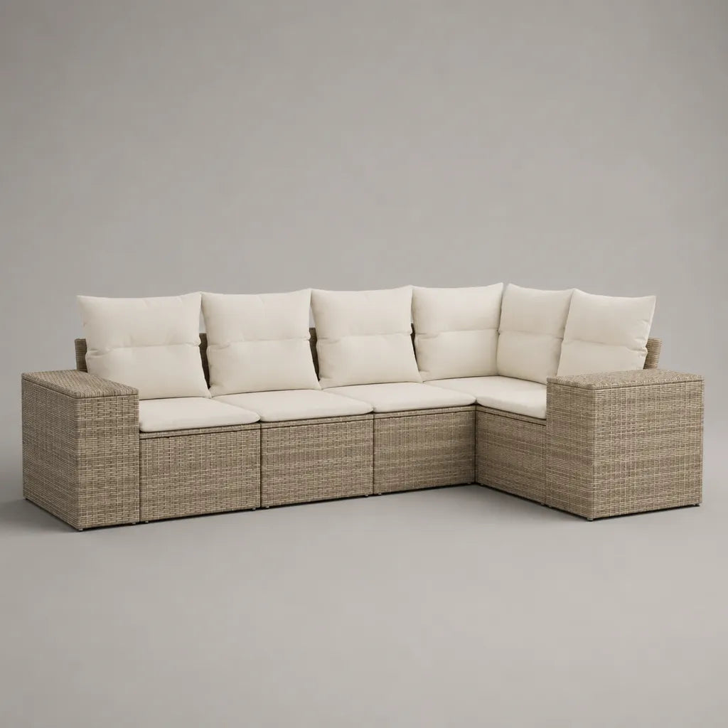 Divano angolo giardino 5 posti in resina intrecciata e acciaio con cuscini bianchi rotti, taupe beige, 265 × 145 × 75 cm