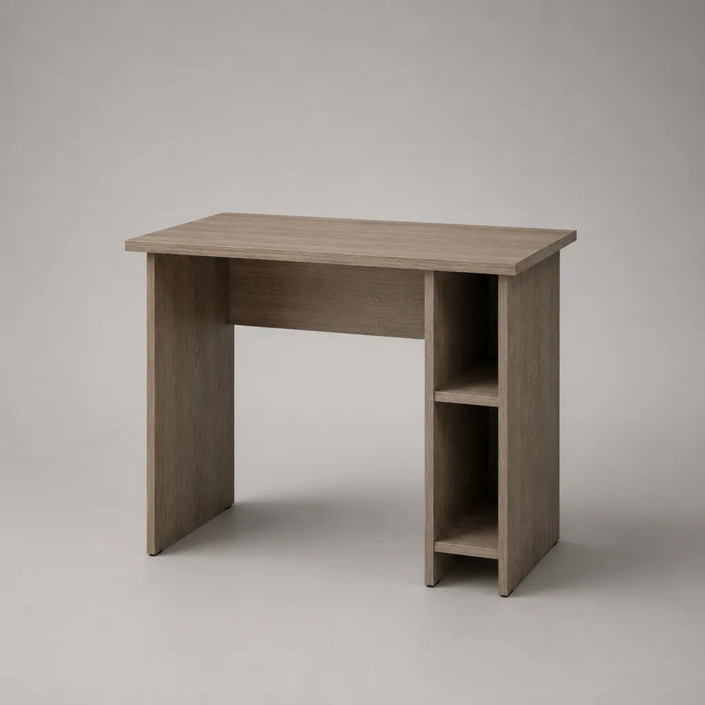 Scrivania rettangolare in legno con 2 ripiani, rovere taupe, 90 × 50 × 75 cm