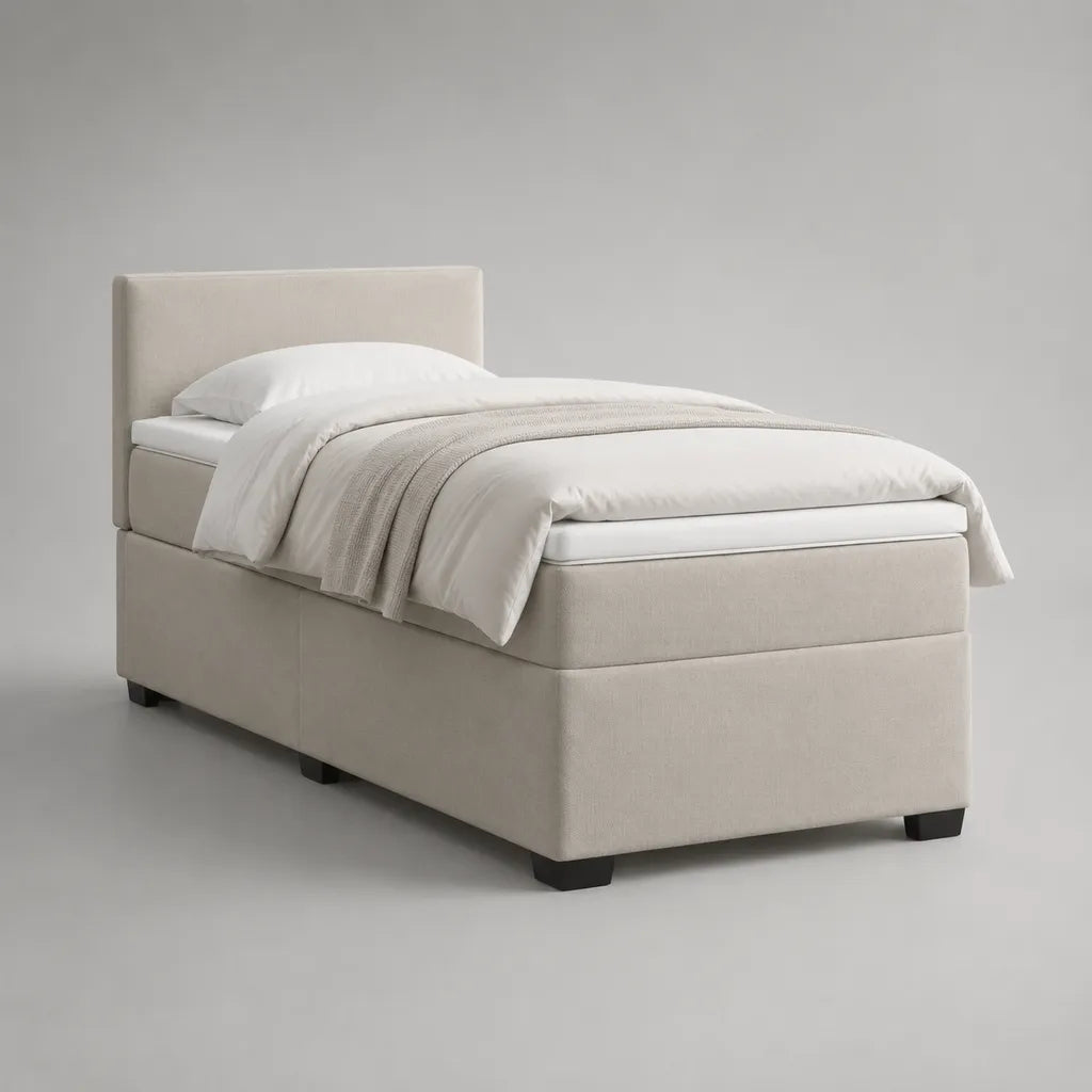 Letto singolo imbottito in tessuto con lettino, lettino e materasso con molle saccheggiate, 90 × 200 cm, beige e nero