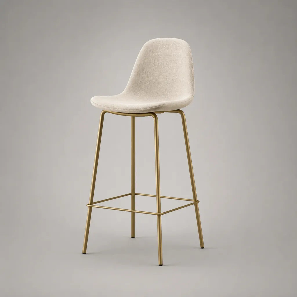 Sgabello imbottito in tessuto e metallo oro con schienale beige, 48 × 53 × 102 cm