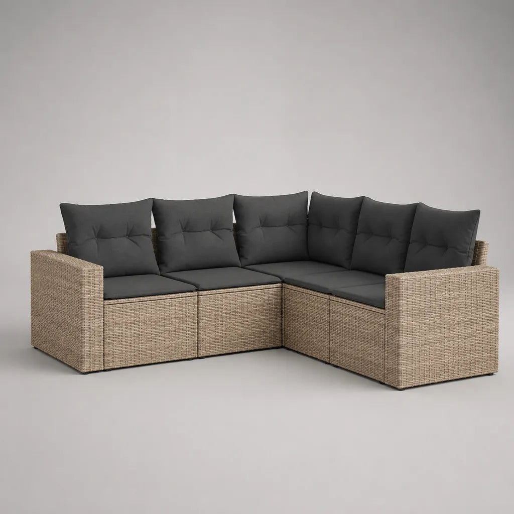 Divano angolo esterno 5 posti in resina intrecciata e acciaio, beige e grigio scuro, 204 × 204 × 74 cm