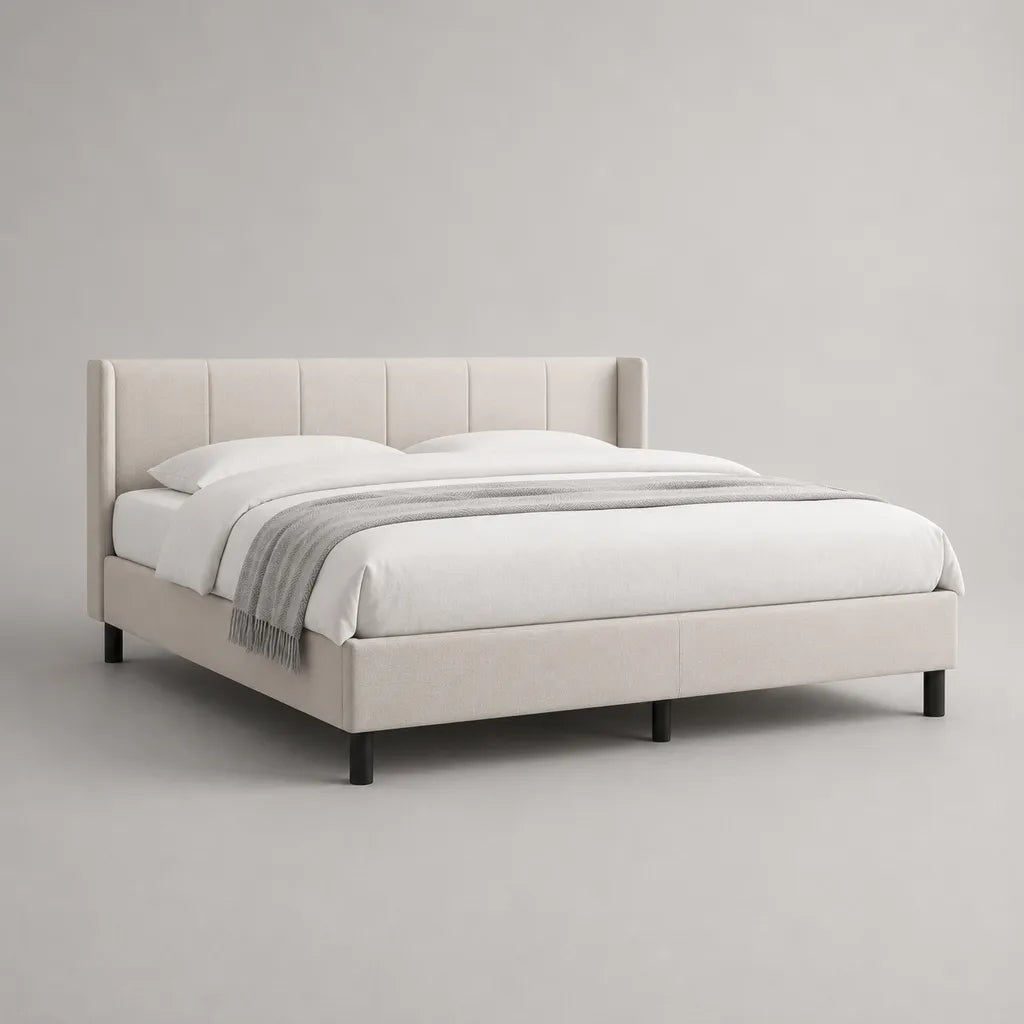 Telaio matrimoniale in poliestere beige e nero imbottito con testa di pannello, letto 160 × 200 cm