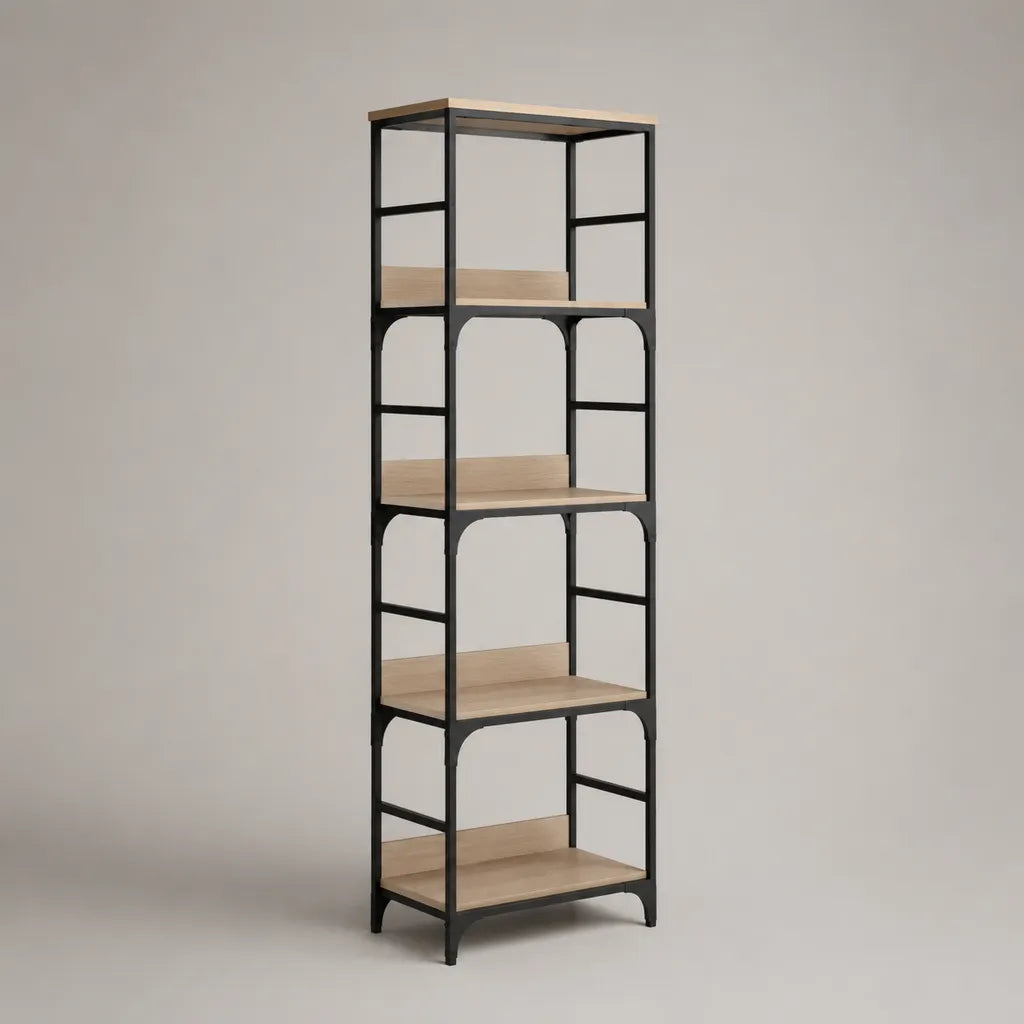 Libreria ripiano rettangolare con 5 compresse in acciaio e pannello di particelle, rovere nero e chiaro, 60 × 30 × 180 cm