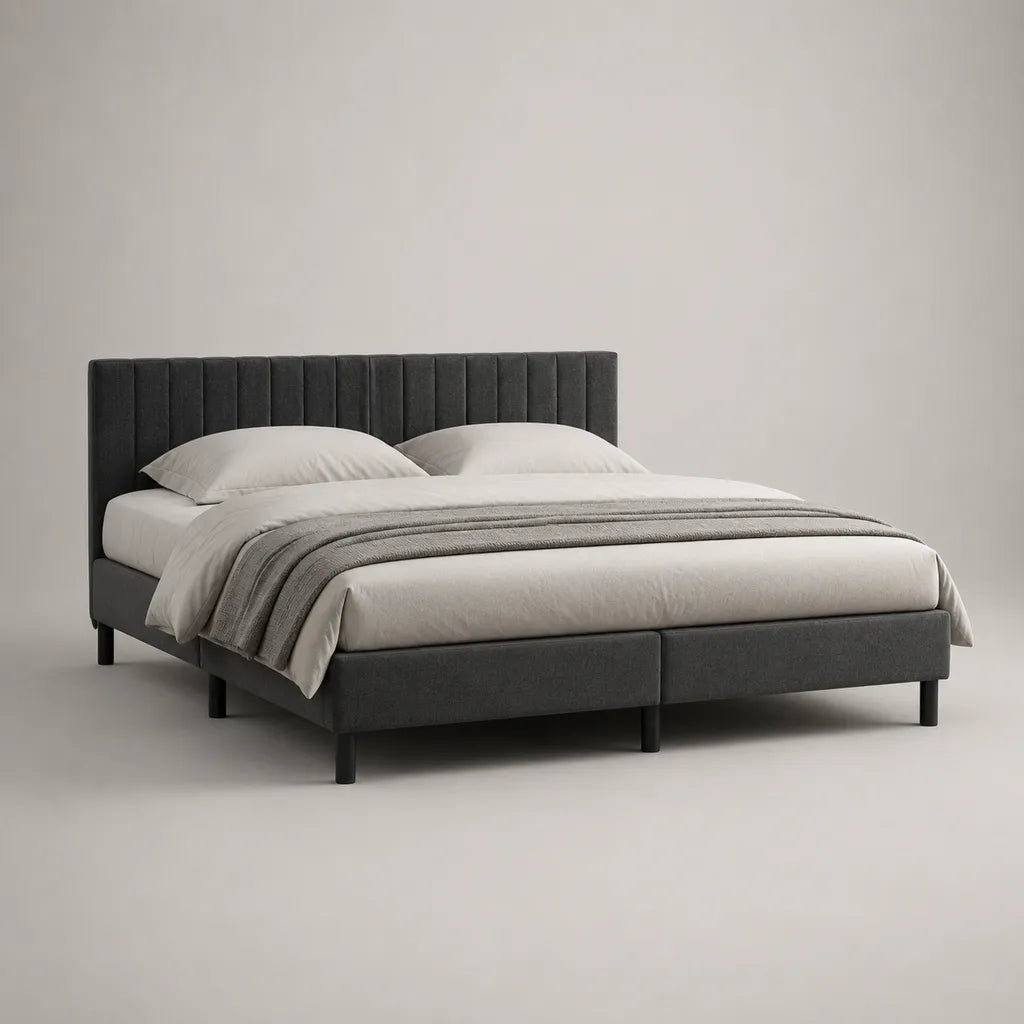 Letto matrimoniale imbottito in velluto grigio antracite con testata a pannello, letto 160 × 200 cm, dimensioni 215 × 170 × 105 cm