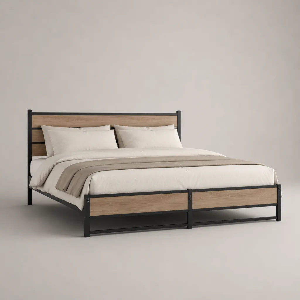 Letto matrimoniale 160 × 200 cm in acciaio nero e pannelli di particelle in melamina decorazione naturale in rovere con letto testa e piede