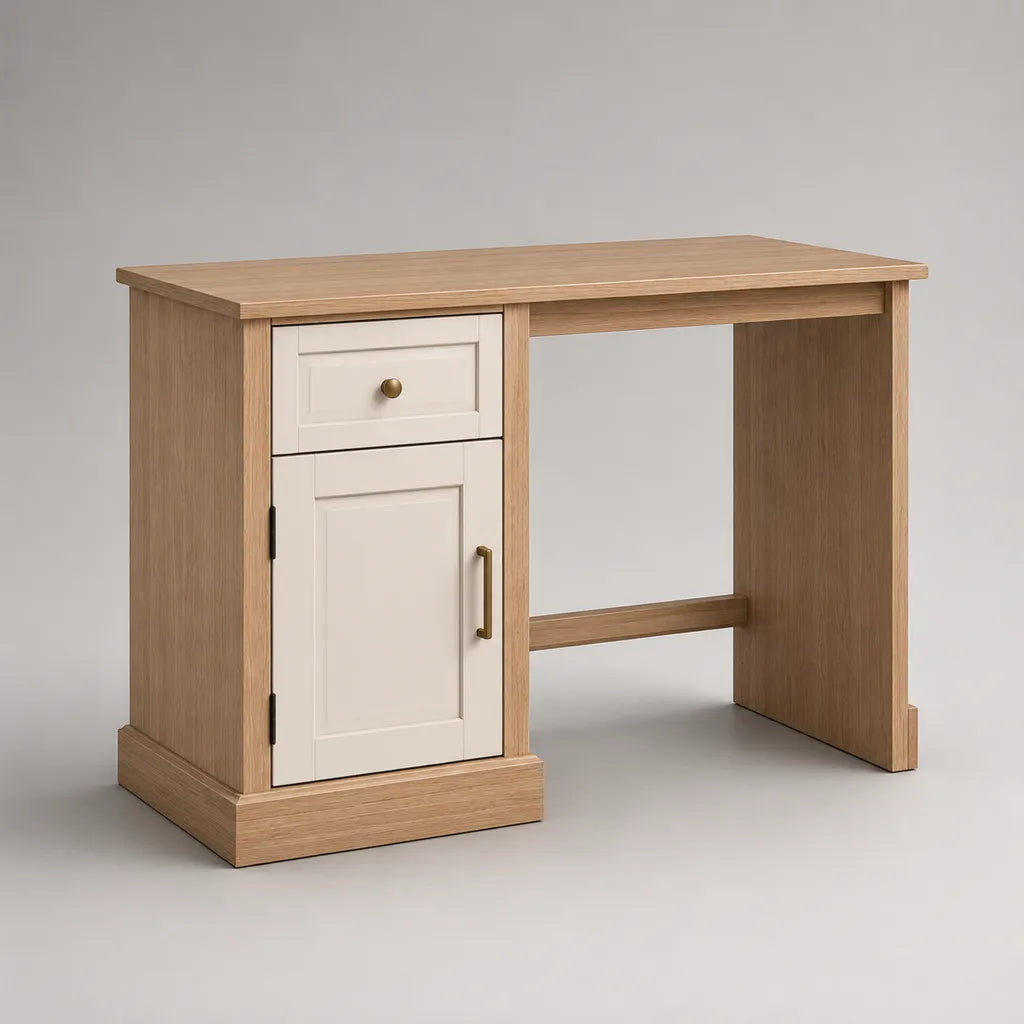 Scrivania rettangolare MDF e pannelli a particelle con cassetto e armadio, rovere naturale e bianco rotto, 120 × 50 × 76 cm
