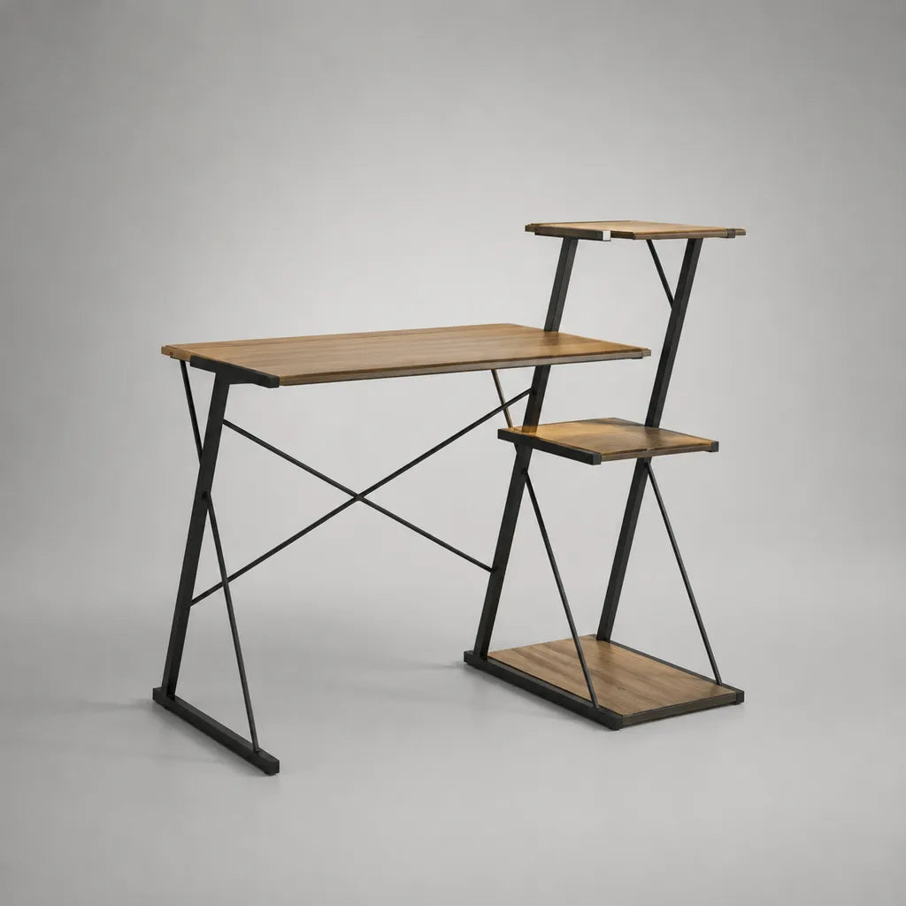 Scrivania per computer rettangolare con 3 ripiani in pannello di particelle melamine e acciaio, rovere marrone e nero, 120 × 60 × 120 cm
