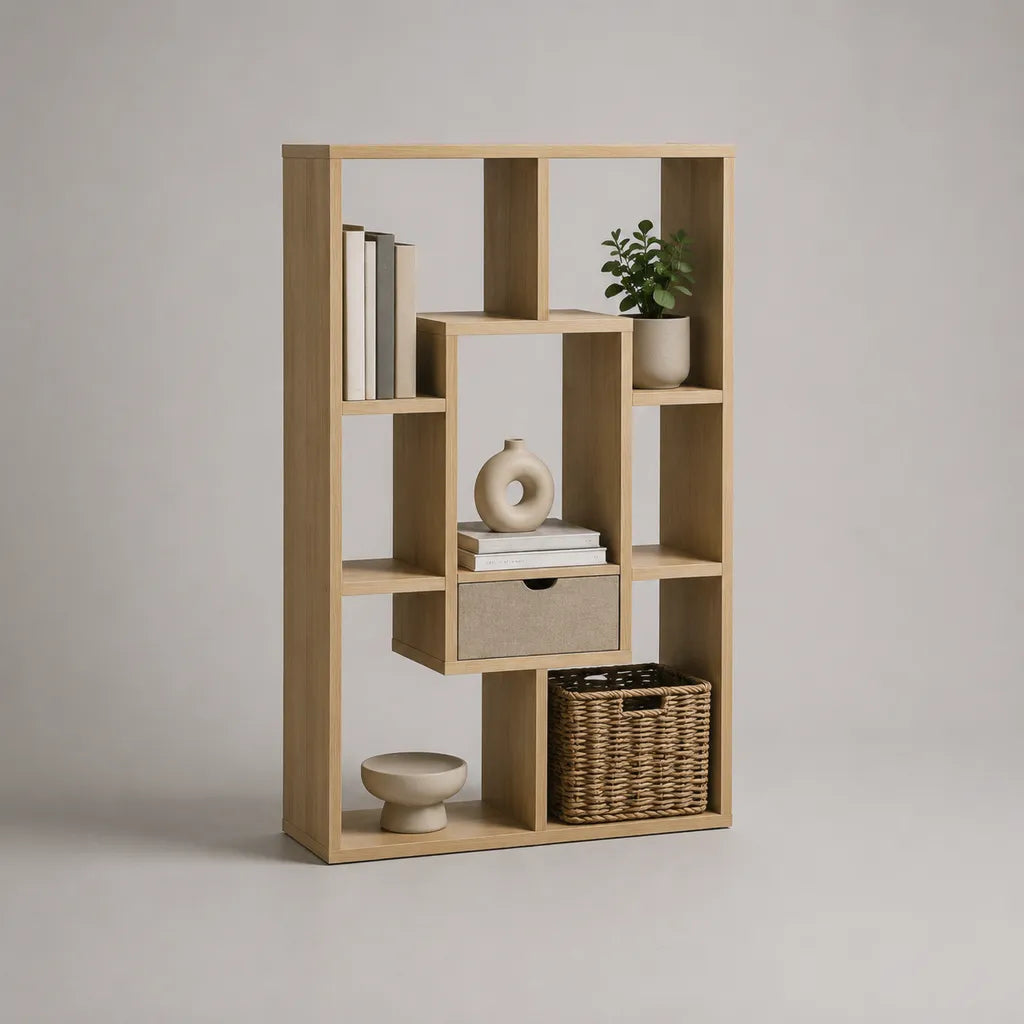 Libreria asimmetrica in pannello di particelle, rovere leggero e beige, 80 × 24 × 150 cm