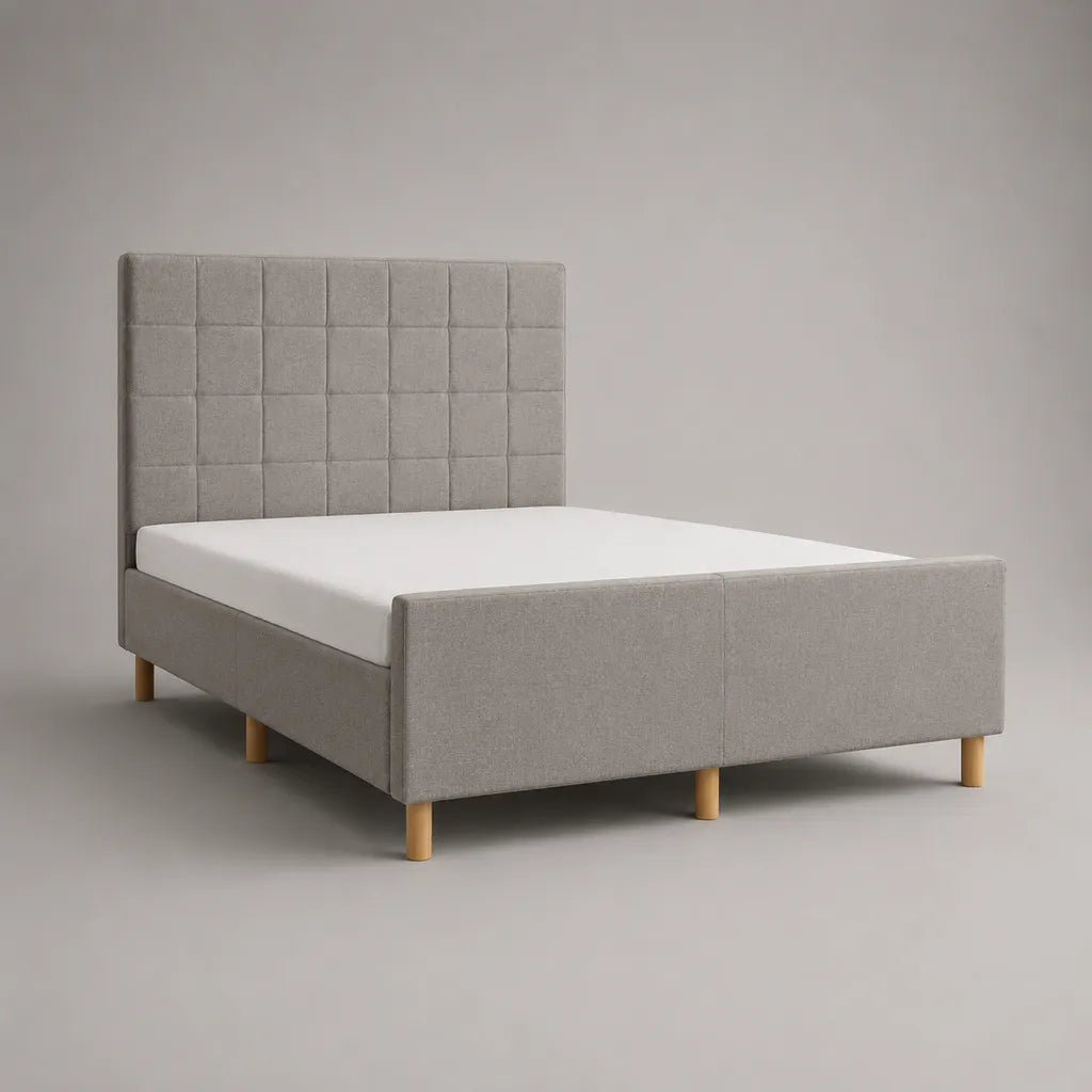Telaio letto matrimoniale imbottito in tessuto grigio chiaro e legno, letto 160 × 200 cm, dimensioni 215 × 170 × 120 cm