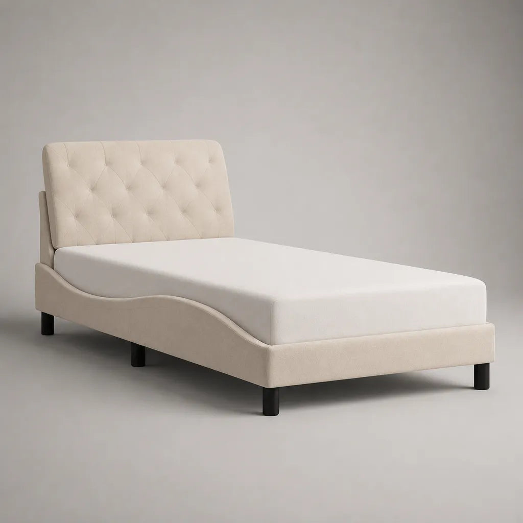 Telaio singolo imbottito in tessuto con testa imbottita, letto 90 × 200 cm, beige e nero
