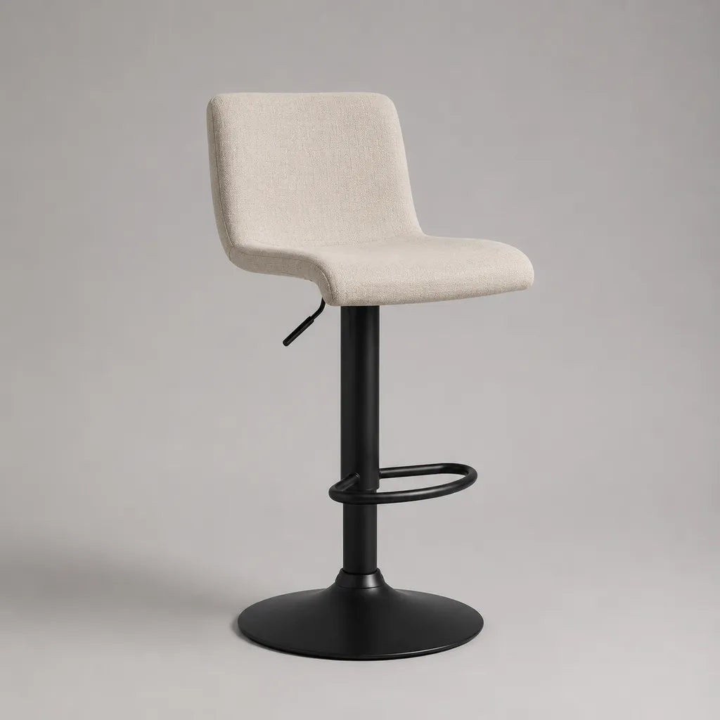 Sgabello da bar girevole regolabile in tessuto beige e acciaio nero, 47 × 51 × 84–105 cm