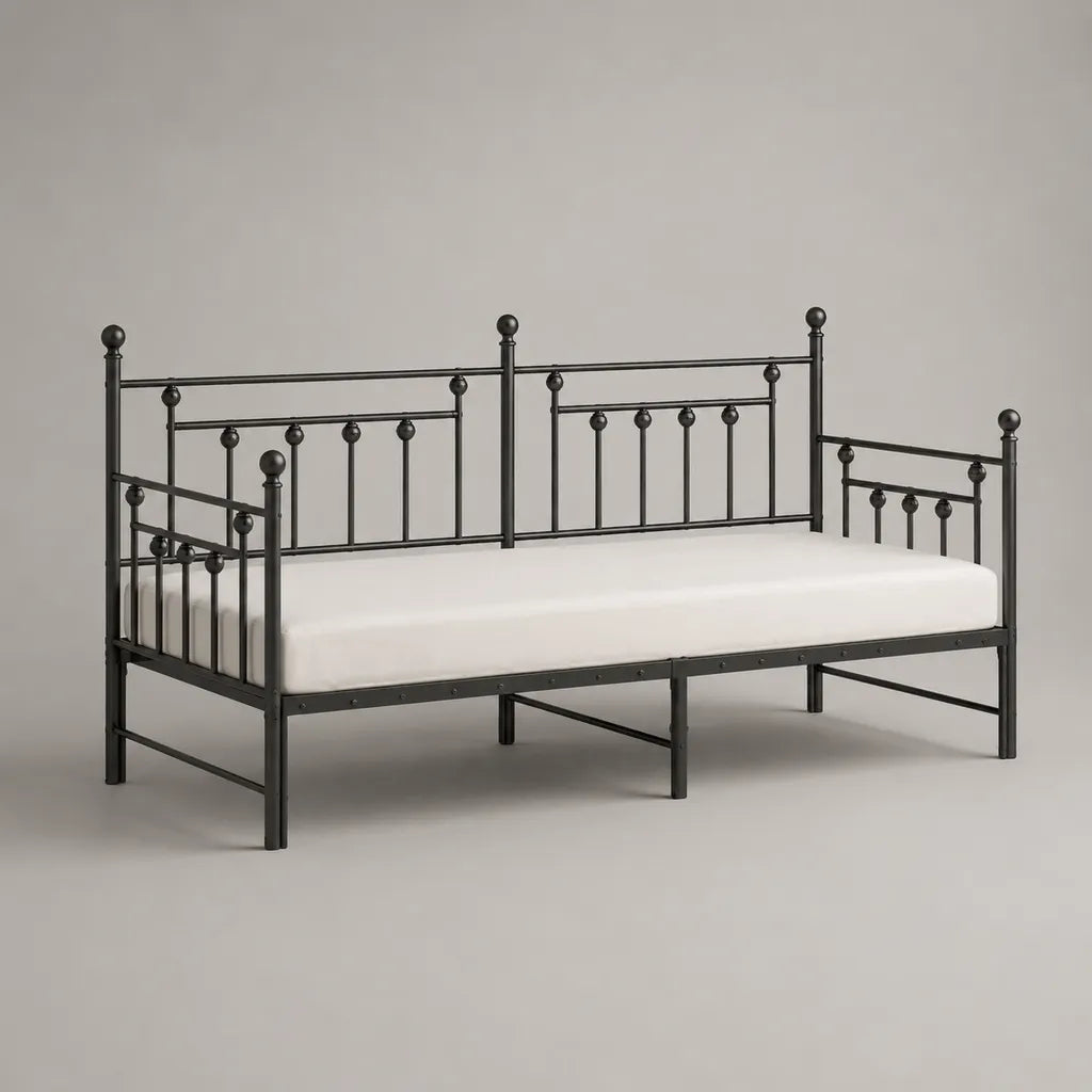 Letto da 1 posto in acciaio nero, letto 90 × 200 cm, dimensioni 208 × 96 × 115 cm