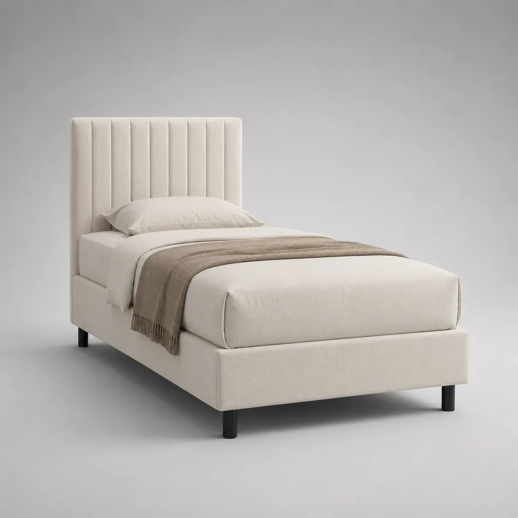 Letto singolo imbottito in tessuto avorio con testa da letto con scanalature verticali, letto 90 × 200 cm