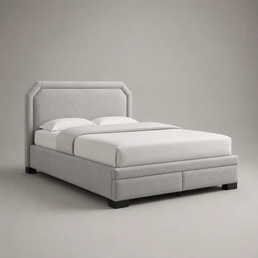 Letto matrimoniale imbottito in tessuto grigio chiaro con struttura in legno, letto 160 × 200 cm, dimensioni 215 × 170 × 120 cm