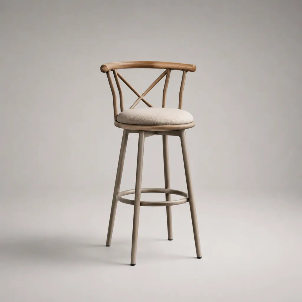 Sgabello da bar girevole in acciaio e tessuto riccio beige e taupe con schienale e poggiapiedi, 52 × 53 × 101 cm, seduta a 75 cm