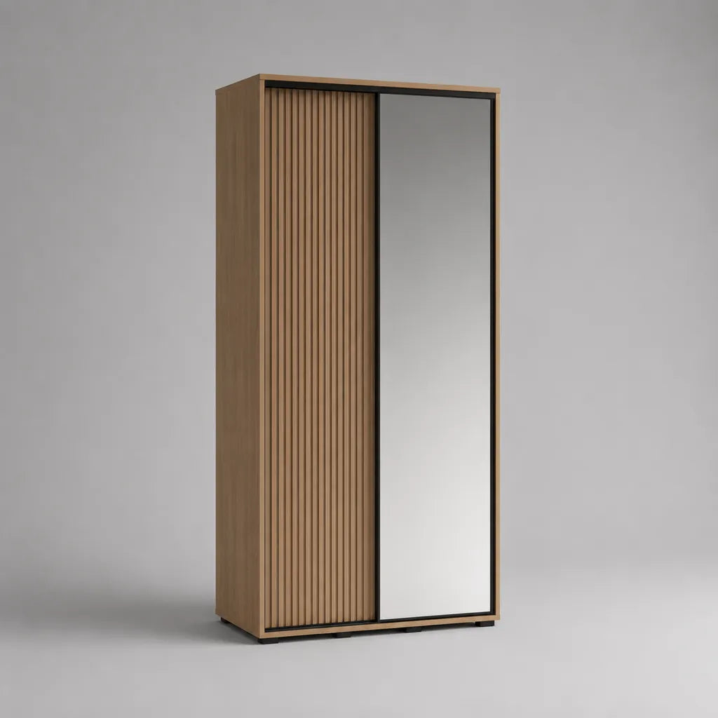 Armadio rettangolare in legno e metallo con 2 porte scorrevoli, facciata scanalata e specchio in vetro, rovere naturale, nero e argento, 120 × 60 × 200 cm