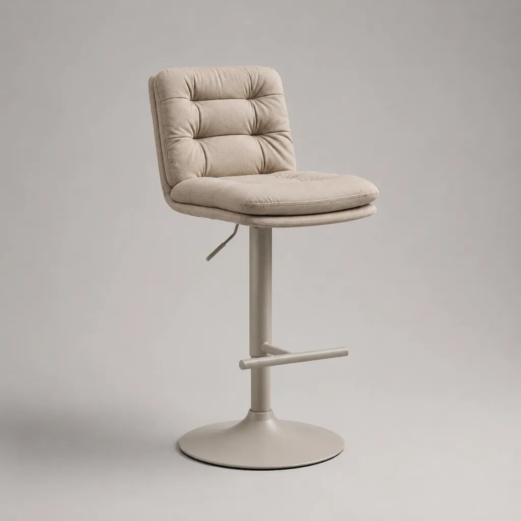 Sgabello da bar girevole regolabile in microfibra di poliestere e acciaio, beige leggero e griglia, 48 × 52 × 88-109 cm