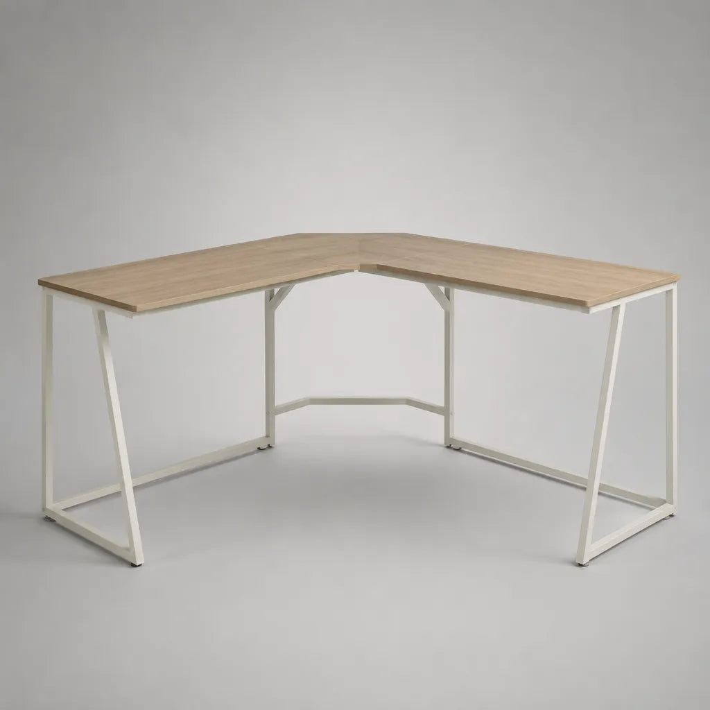 Scrivania L-angle in pannello di particelle e acciaio, rovere chiaro e bianco, 140 × 140 × 75 cm