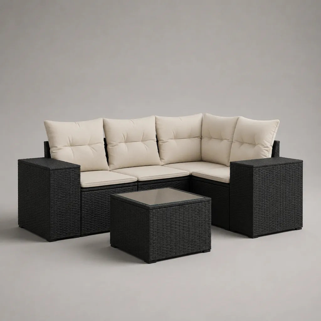 3 posti angolo giardino in polirotino nero con cuscini crema e tavolino, 194 × 127 × 74 cm