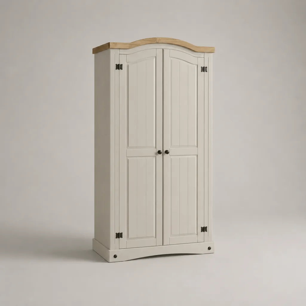 Armadio in legno con 2 porte, legno bianco rotto e naturale, 100 × 55 × 190 cm