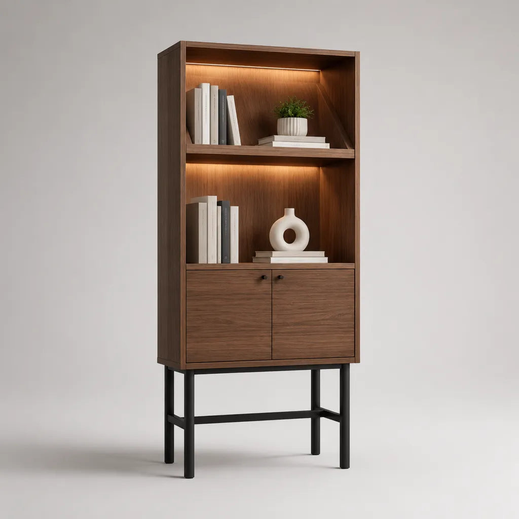Biblioteca rettangolare con armadio e illuminazione a LED, marrone noce e nero, 80 × 35 × 170 cm, MDF e acciaio