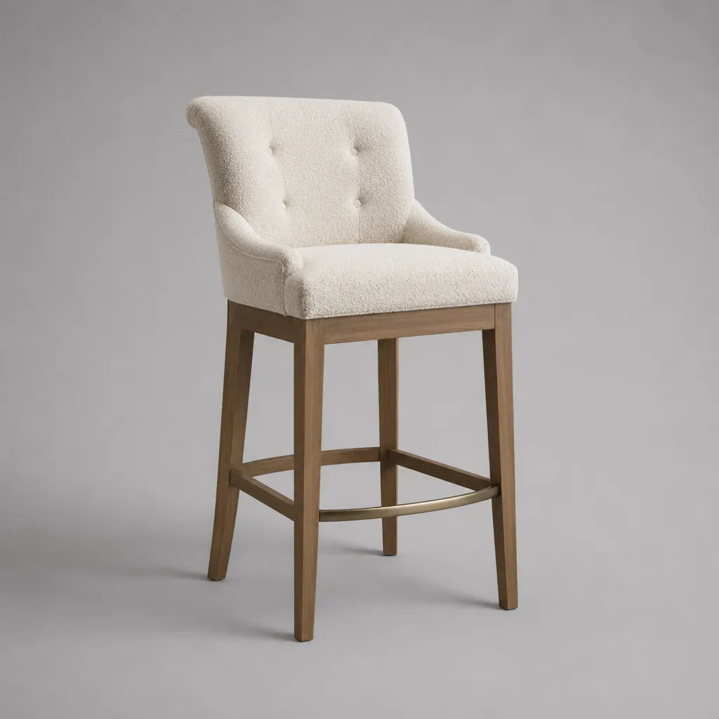 Sgabello bar con schienale e braccioli in tessuto riccio e legno marrone noce, 58 × 60 × 110 cm