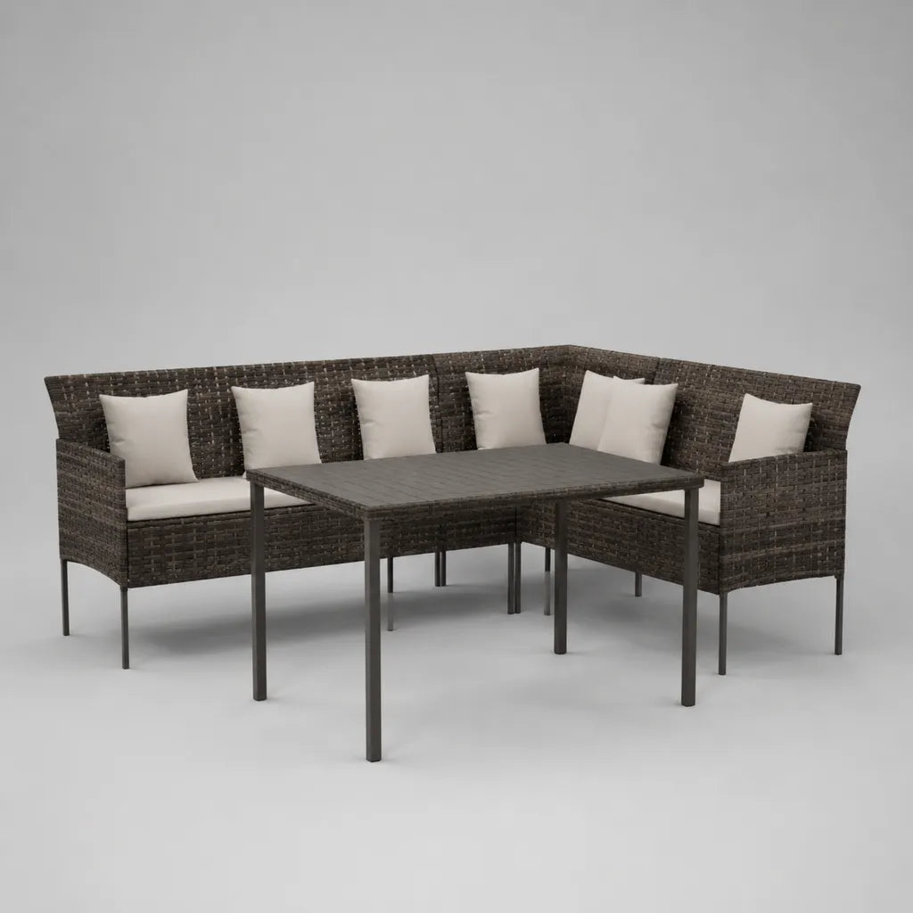 Mobili da giardino a 6 posti in resina intrecciata e acciaio, marrone, beige e antracite, 237 × 172 × 73 cm, con tavolo 140 × 80 × 72 cm