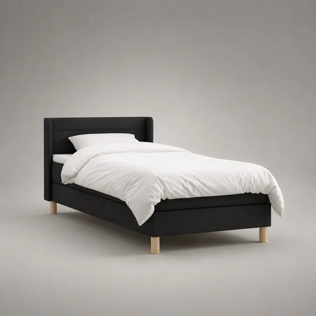 Letto singolo imbottito nero 90 × 200 cm con cornice in legno, letto con latte e piedini in legno naturale