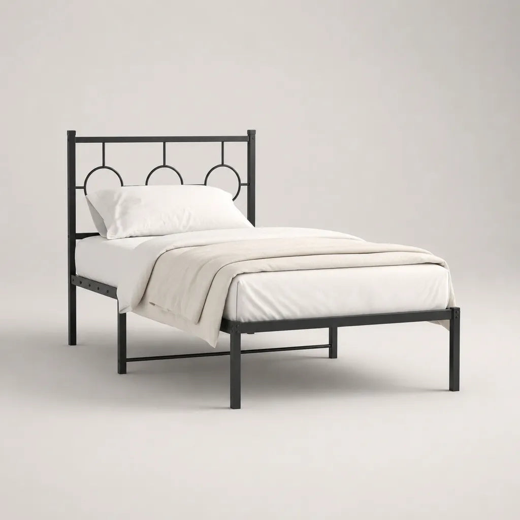 Letto in acciaio nero con testata, letto 90 × 200 cm, dimensioni 208 × 96 × 100 cm