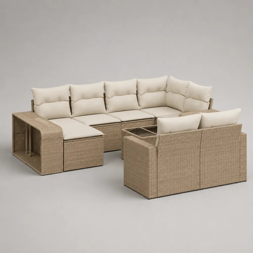 Set da pranzo da giardino 9 posti in resina intrecciata e acciaio, divano angolare 238 × 180 × 74 cm, beige e crema
