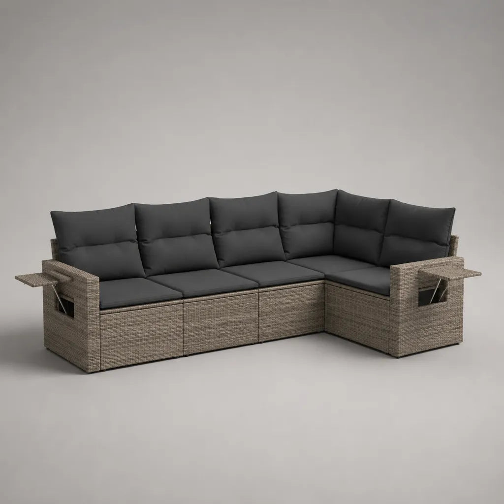 Divano da giardino a 5 posti in resina intrecciata taupe con cuscini antracite, 250 × 190 × 85 cm