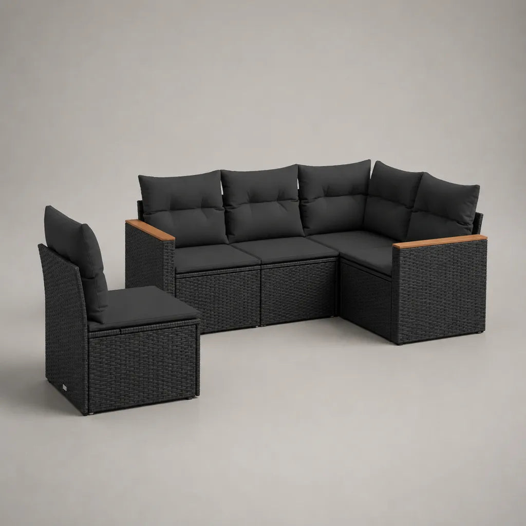 Giardino esterno 5 posti a sedere con divano L angolo e poltrona in resina nera intrecciata e acciaio, cuscini antracite, divano 221 × 166 × 74 cm