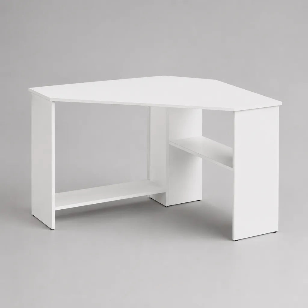 Scrivania angolo bianco in pannelli a particelle con ripiani, 120 × 120 × 75 cm