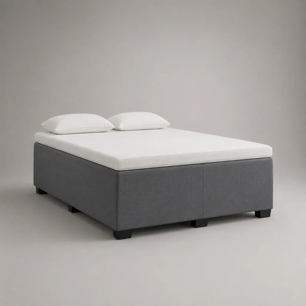 Letto matrimoniale imbottito in tessuto grigio senza testa di letto con materasso in schiuma, 160 × 200 cm