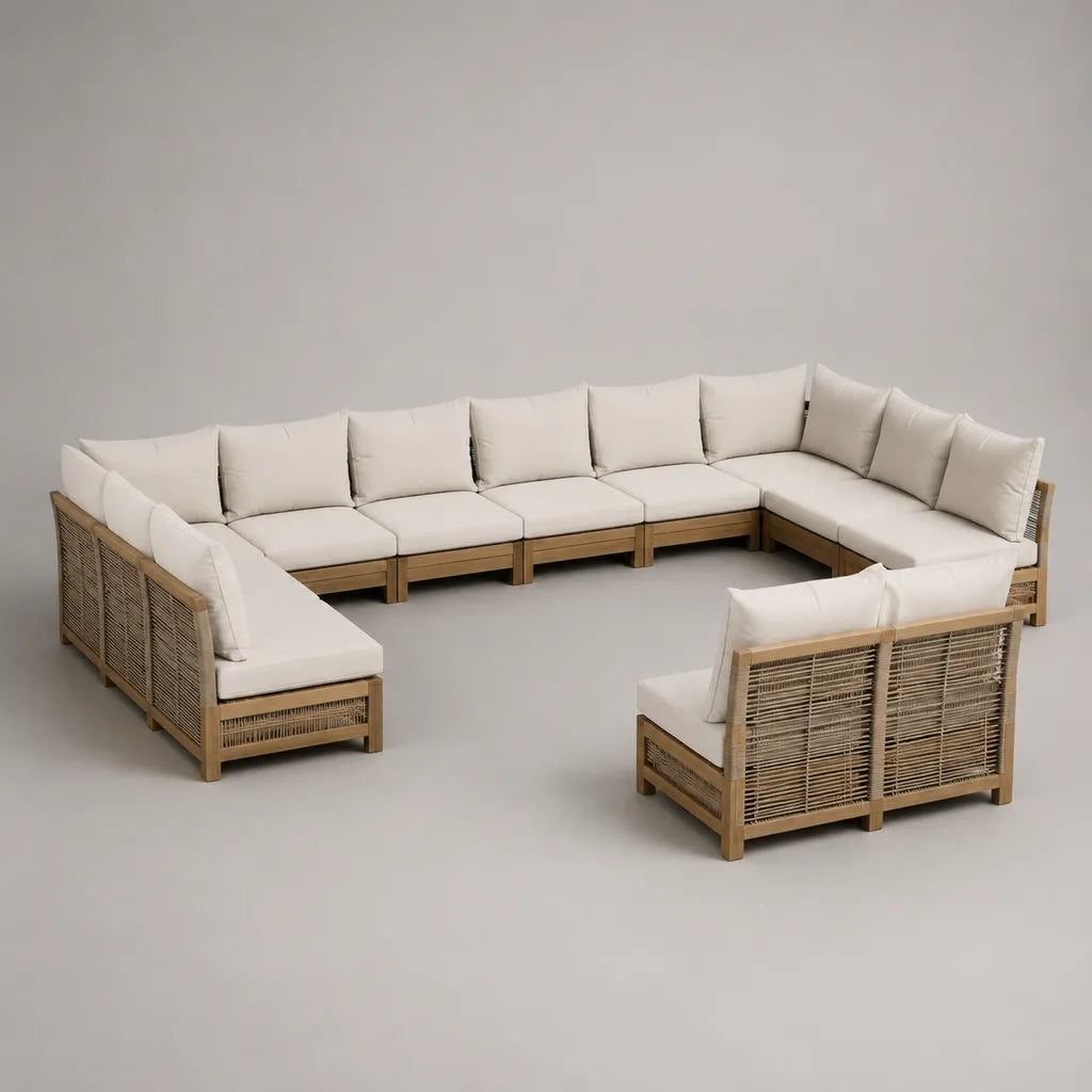 Sala da giardino modulabile 9 camere 10 posti in U beige chiaro in legno e corda PP, 390 × 240 × 78 cm