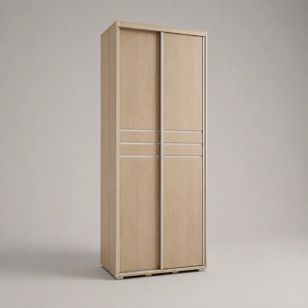 Armadio rettangolare con 2 porte scorrevoli in legno e metallo, rovere leggero e argento, 80 × 50 × 200 cm