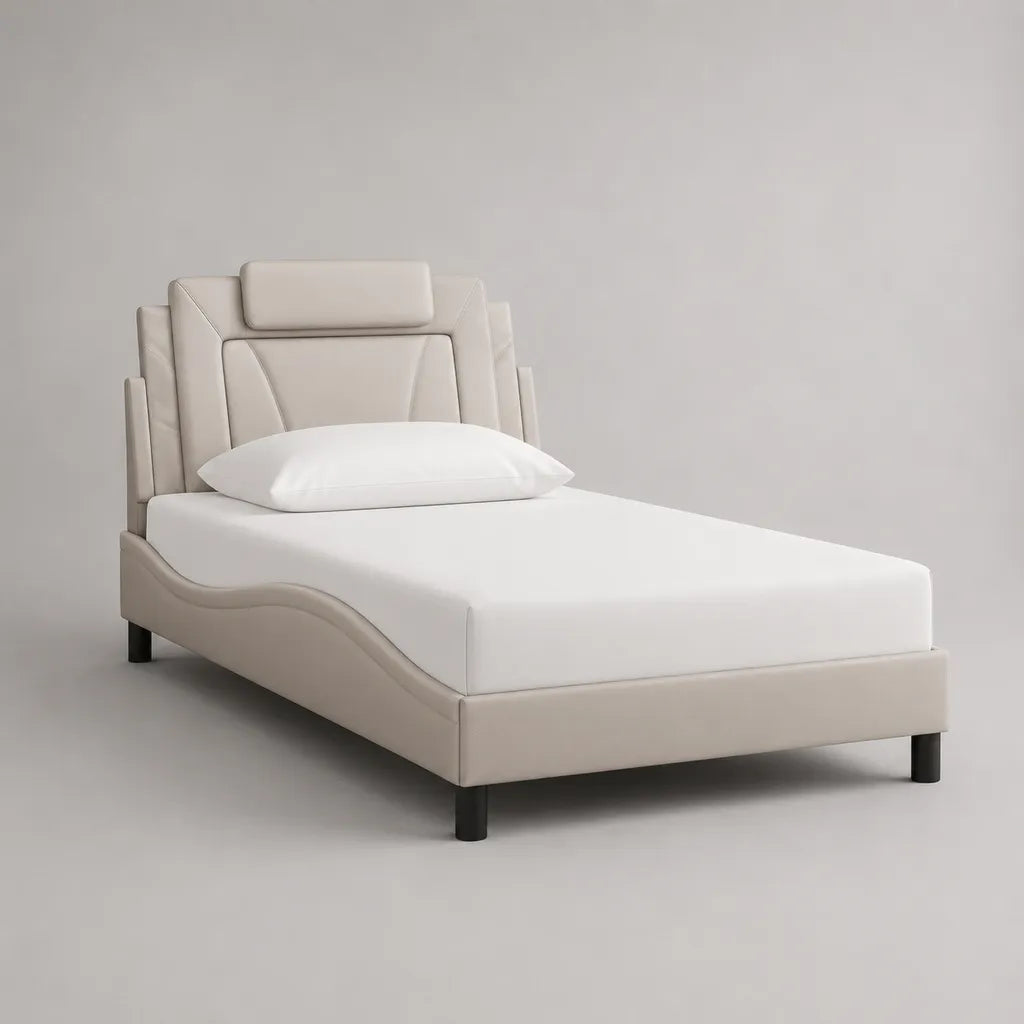 Letto singolo imbottito in pelle beige con testata, letto 90 × 200 cm, dimensioni 104 × 215 × 120 cm