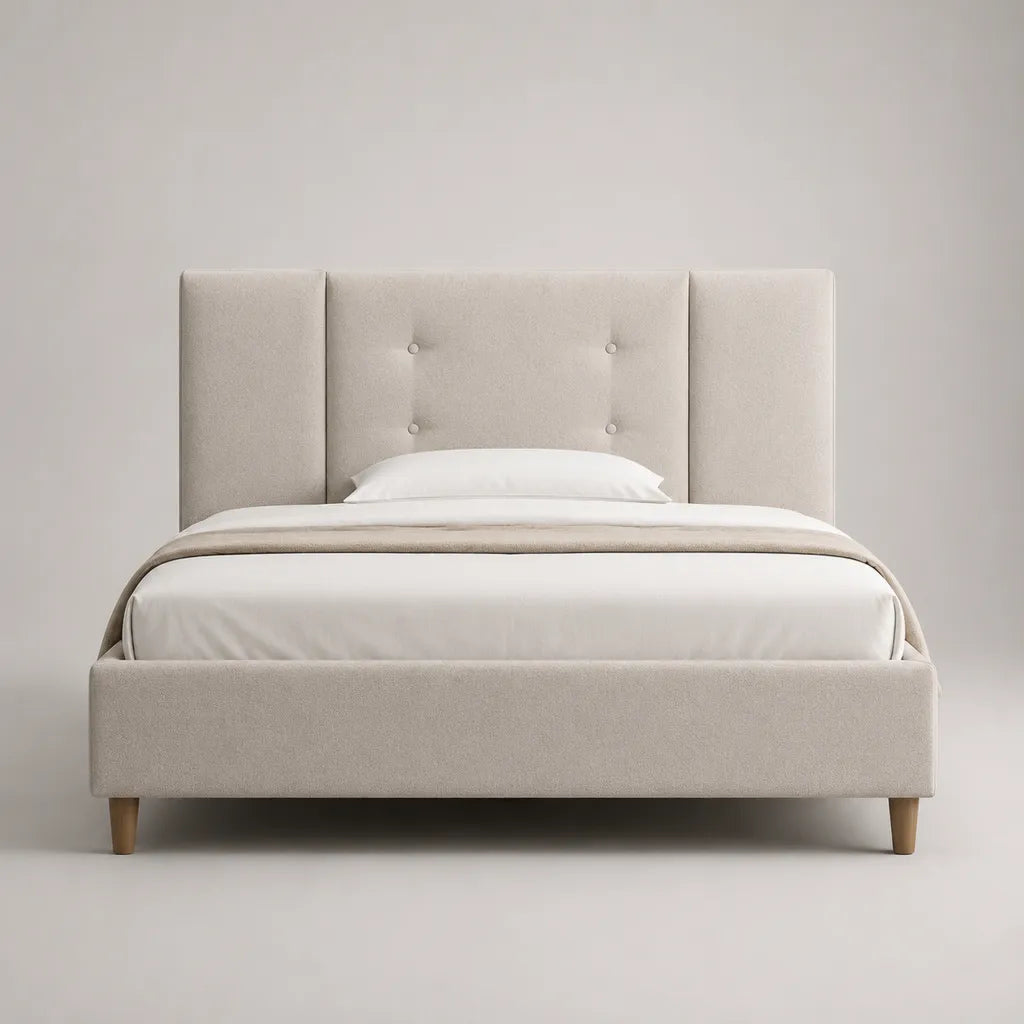 Letto matrimoniale imbottito in poliestere beige con testa letto imbottita e piano letto con latte, letto 160 × 200 cm, dimensioni 215 × 174 × 120 cm